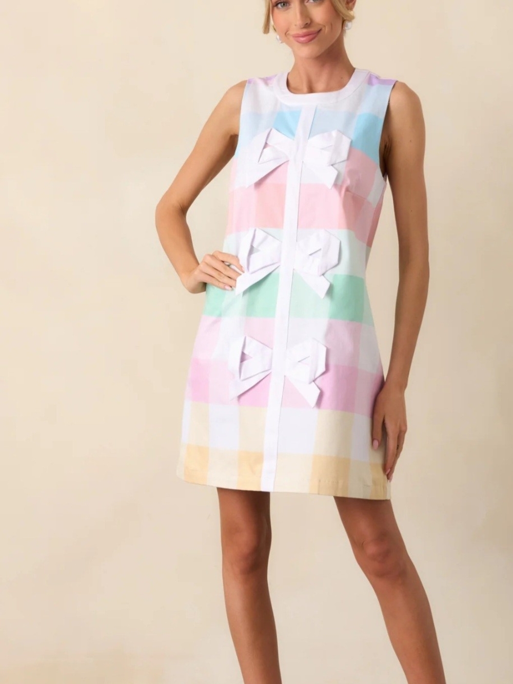 Prosperina Sleeveless Prescott Pastel Plaid Bow Shift Dress - Women